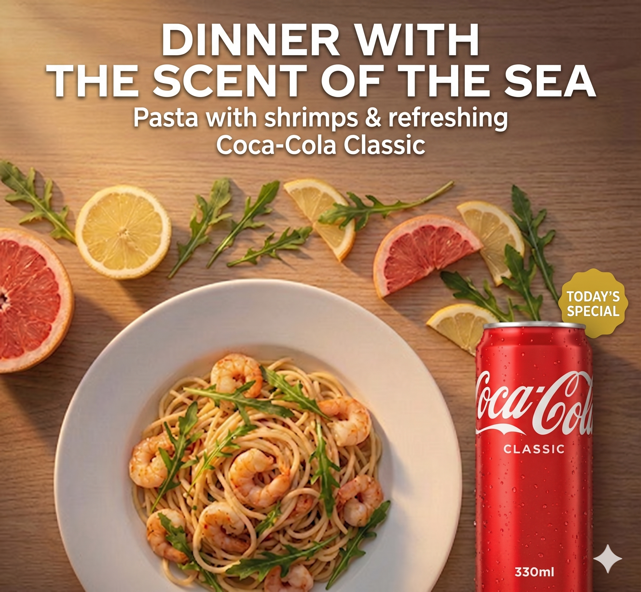 Dinner with the scent of the sea — pasta with shrimps and Coca-Cola Classic