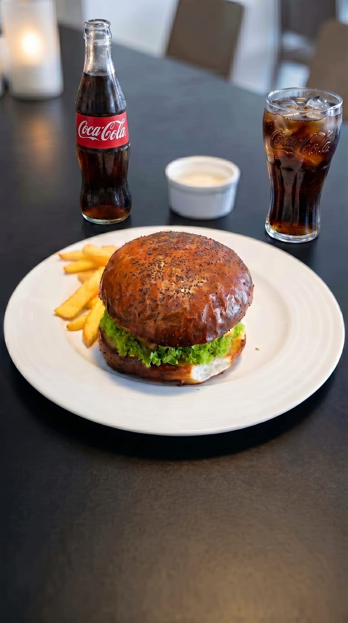 Burger and Coca-Cola on a restaurant table