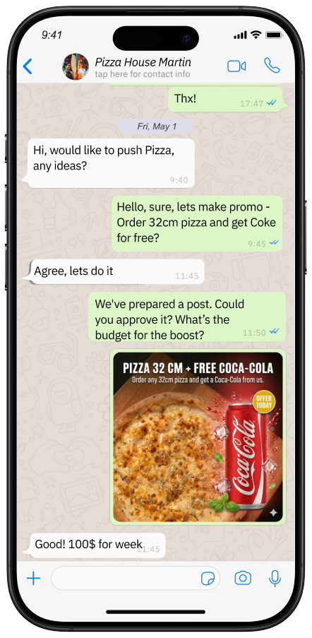 WhatsApp chat: a restaurant owner approves a Coca-Cola offer in one message